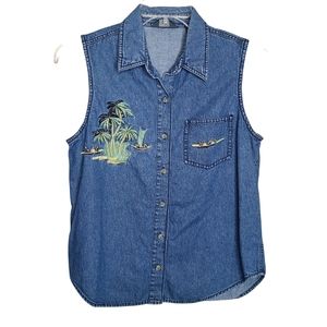 Vintage Solutions New York Beach Denim Button Front Sleeveless Shirt Embroidered